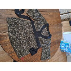 Small Apostrophe Sheer Black Tan Gold Deep VNeck Belted Shirt Top Blouse